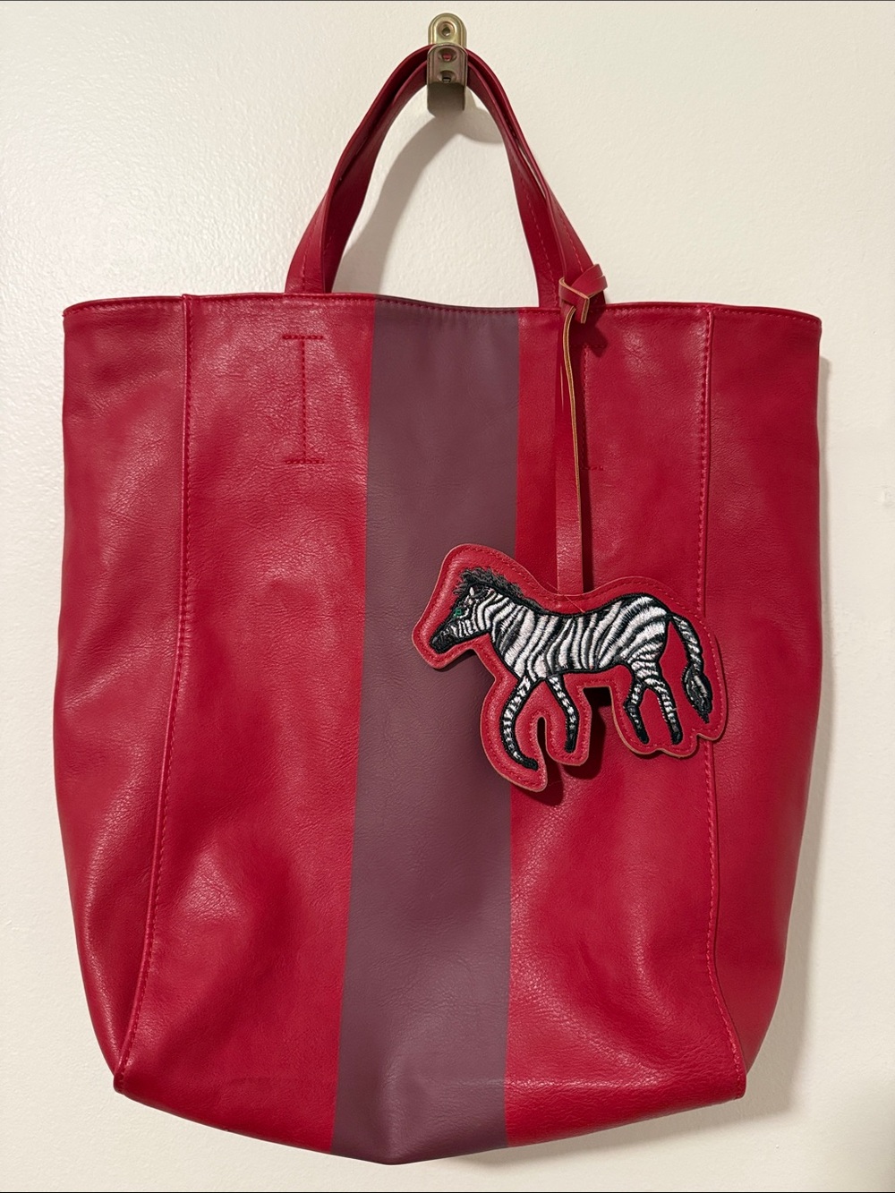 Red Leather Tote Bag with Zebra Patch